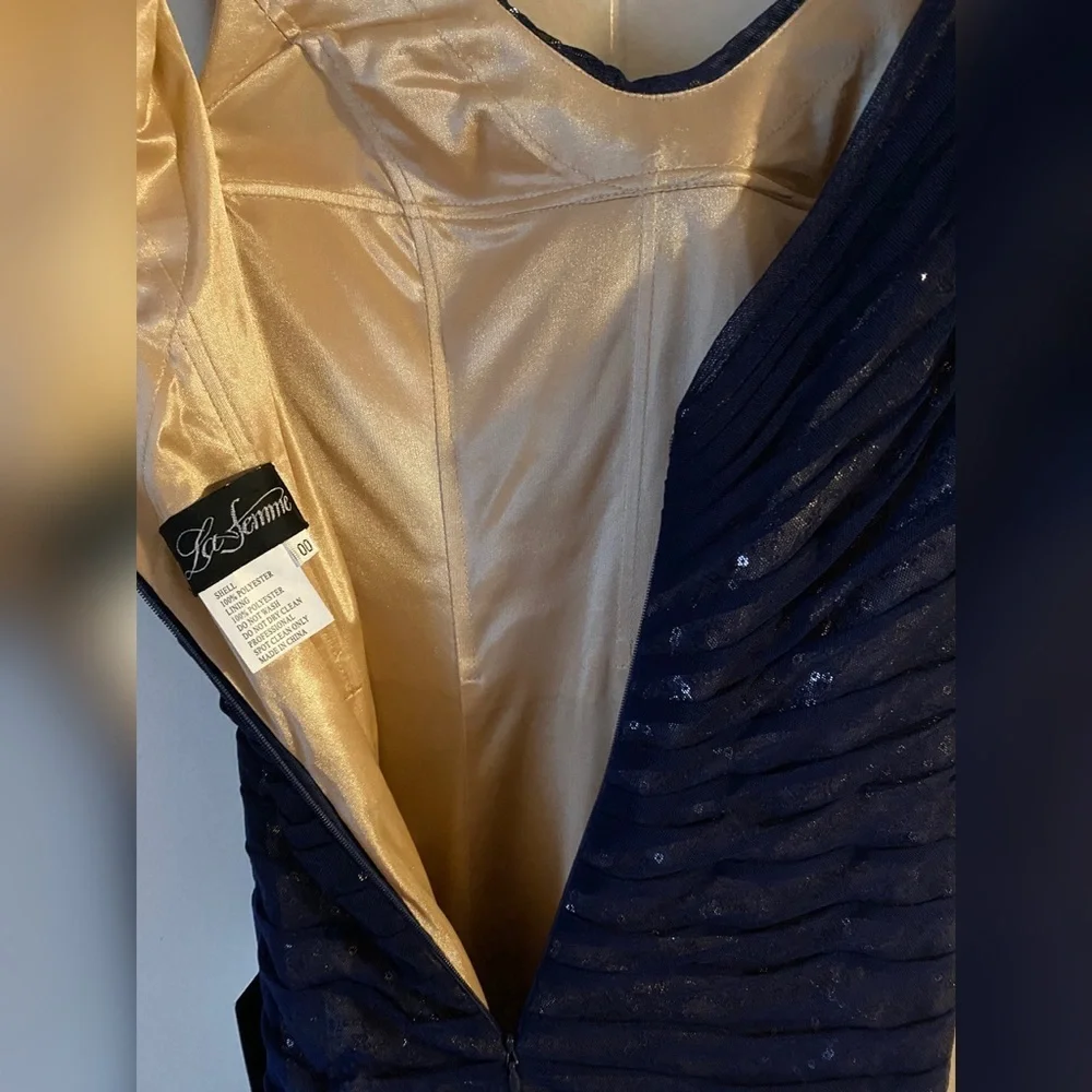 La Femme Navy Blue & Gold Sleeveless Sequin Gown